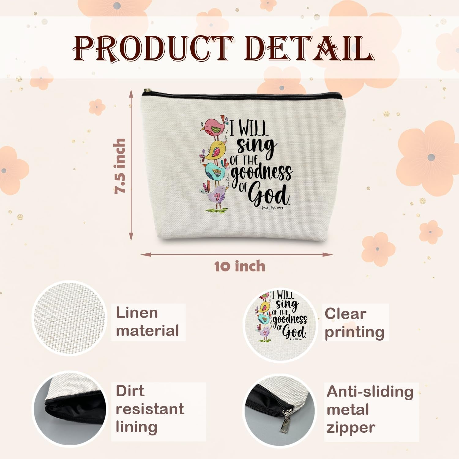 Christian Gifts for Women, Bible Verse Scripture Makeup Bag, Bible Verse Gifts, Goodness of God Christian Cosmetic Bag, Religious Gifts for Christian Women Makeup Pouch, Bird